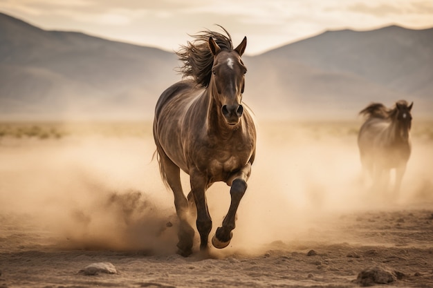 古い西部の風景の中を走る馬