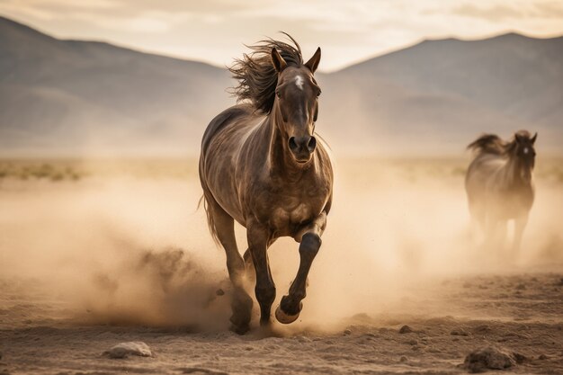 Horse running through old western landscape