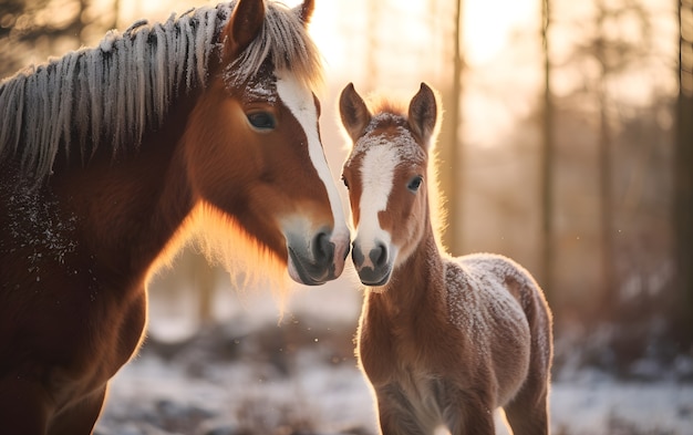 Free photo horse taking care of foal