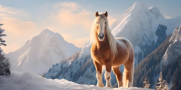 雪の山の上の馬