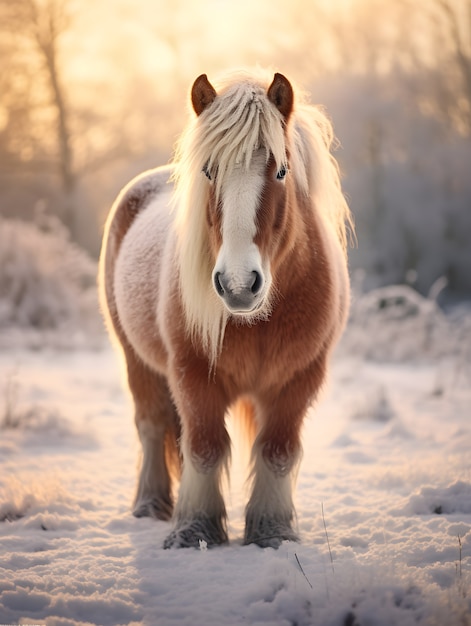 Horse on top of snowy mountain 