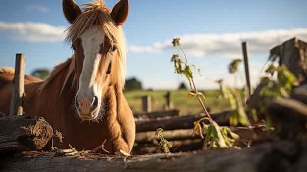 Free photo horse behind wooden fence paddock