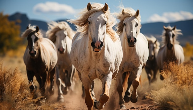 Лошади пасутся на лугу, наслаждаясь свободой и красотой природы, созданной искусственным интеллектом.