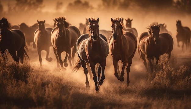 Лошади бегут по лугу на закате, сгенерированные ИИ