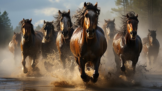 暑い夏の日に泥の水たまりを駆け抜ける馬