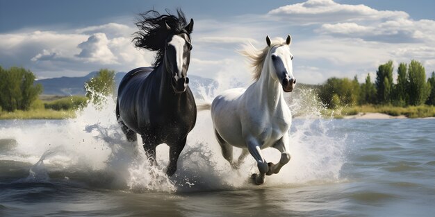 Horses running through the water