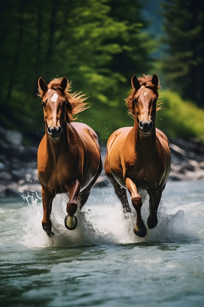 Foto gratuita cavalli che corrono nell'acqua