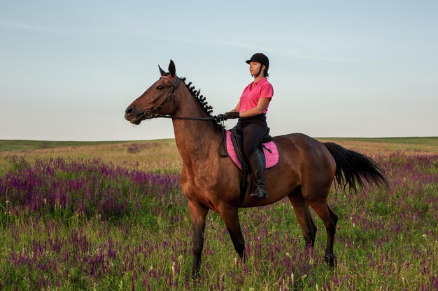 Horsewoman jockey in uniform riding horse outdoors