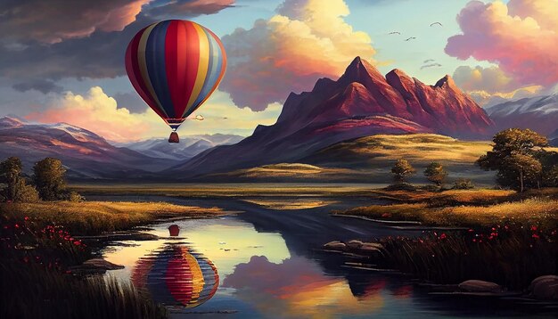 A hot air balloon flying over a lake with mountains in the background.