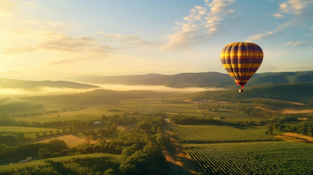 Free photo hot air balloon soars over vineyards at dawns early light