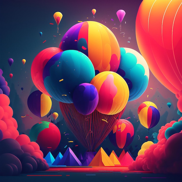 Free photo hot air balloons concept with clouds and mountains in cartoon style