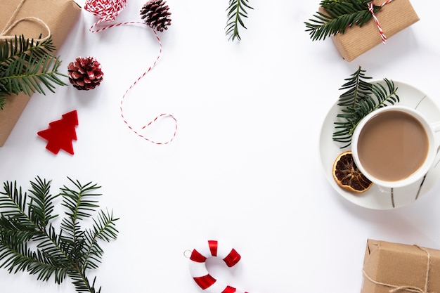 Hot beverage and decorations with copy space