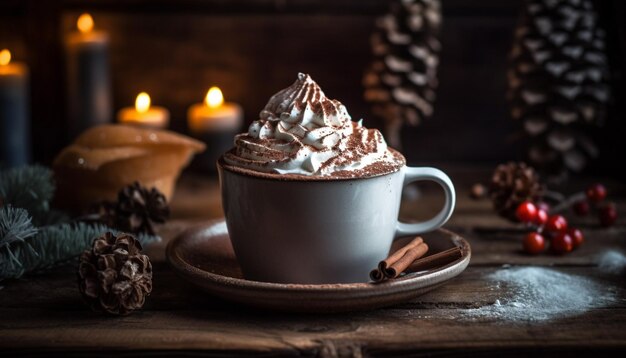 Hot chocolate and cookies on rustic table generated by AI