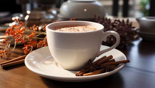 Free photo hot chocolate with frothy milk and chocolate cookie on table generated by artificial intelligence