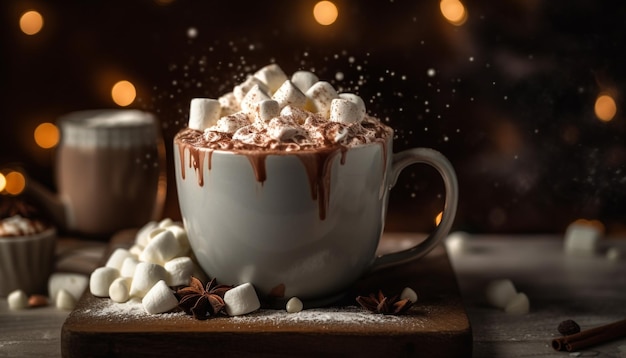 Hot chocolate with marshmallows on rustic wood table generated by AI