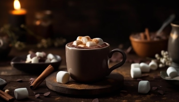 Free photo hot chocolate with marshmallows on wooden table generated by ai