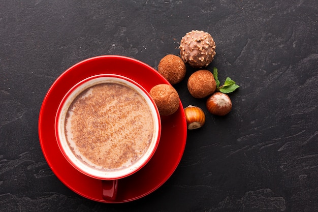 Hot chocolate with truffles top view