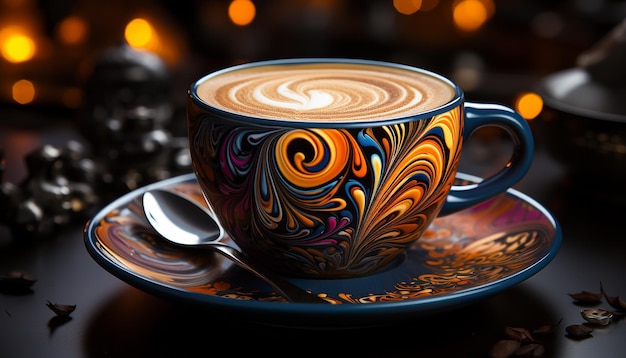 나무 테이블에 뜨거운 커피 컵  ⁇ 은 카푸치노 인공지능에 의해 생성된 우아함
