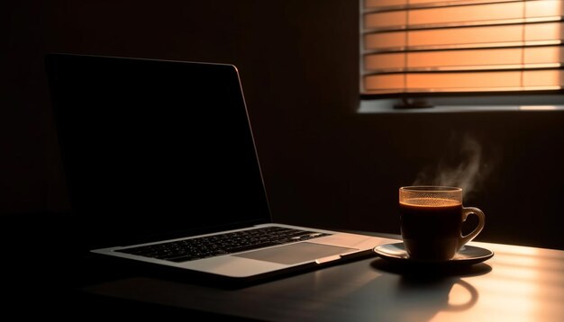 Hot coffee on modern desk wireless technology generated by AI