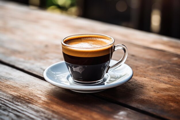 Hot coffee in mug with cream on rustic wooden table