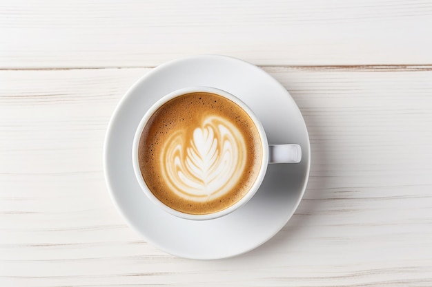 Hot coffee in mug with cream on white wooden table Top view