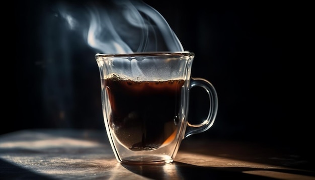 AIによって生成された暗いマグカップから熱いコーヒーの蒸気が立ち上る