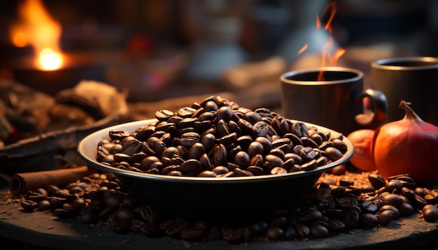 Foto gratuita caffe' caldo su un tavolo di legno, primo piano di una bevanda fumosa generata dall'intelligenza artificiale