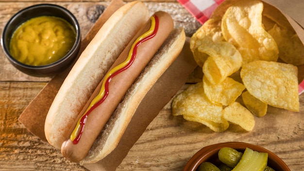 Free photo hot dog with pickles and chips