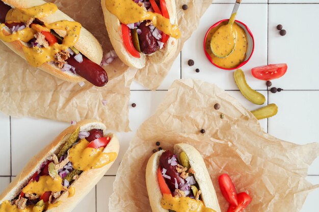 Hot dog con salsa sulla superficie bianca