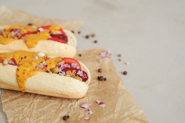 Hot dog con salsa sulla superficie bianca