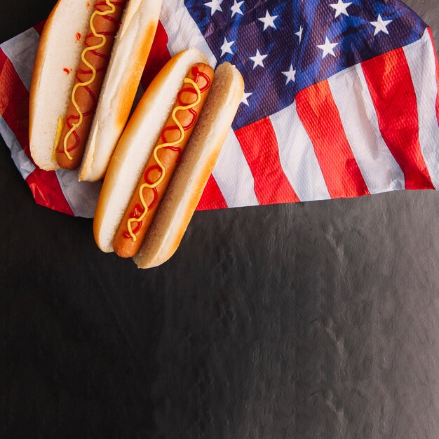 Hot dogs on american flag