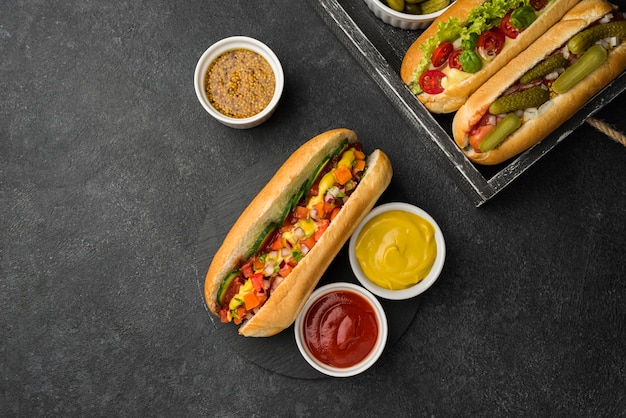 Hot dogs arrangement in box flat lay