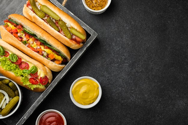 Hot dogs arrangement in box  top view