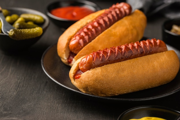 Hot dogs arrangement on plate
