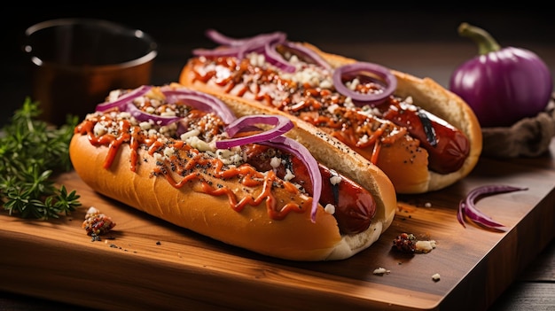 Hot dogs served on a wooden plank over a marble surface with onions in the background