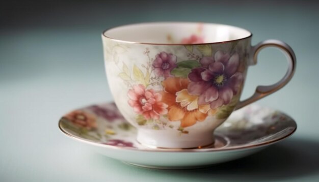 Горячий напиток в богато украшенной чайной чашке на блюдце, сгенерированном ИИ