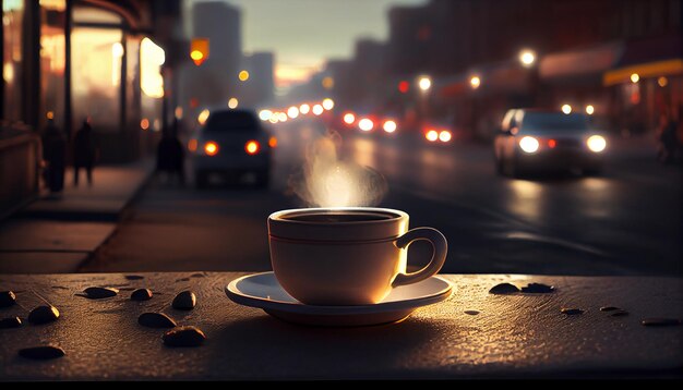 Hot drinks blur in reflective city windows generated by AI