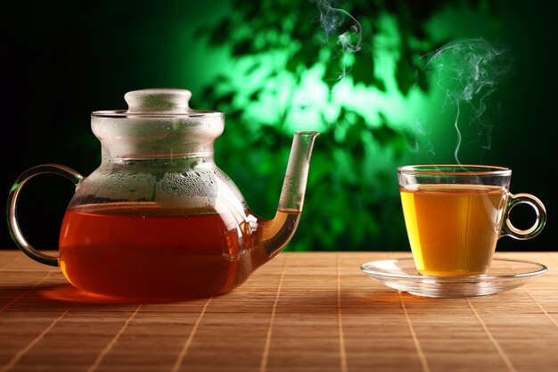 Hot green tea in glass teapot and cup