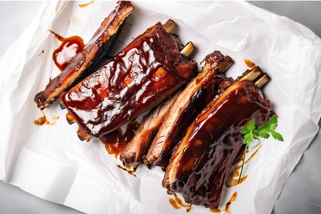 Hot grilled spare ribs with barbecue sauce on crumpled paper Top view AI generative