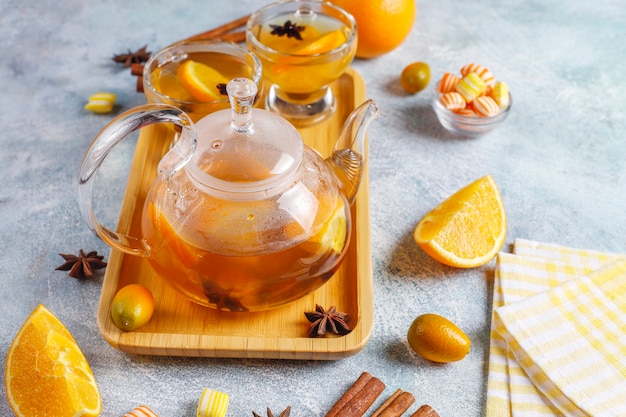 Горячий здоровый согревающий зимний чай с апельсином, медом и корицей.