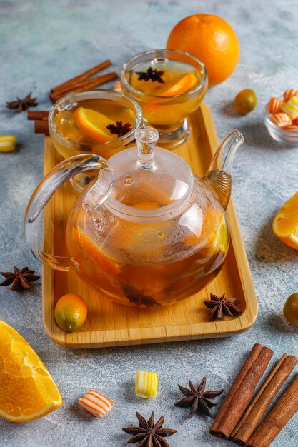 Hot healthy warming winter tea with orange, honey and cinnamon.