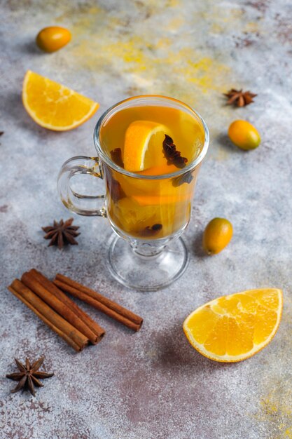Hot healthy warming winter tea with orange, honey and cinnamon.