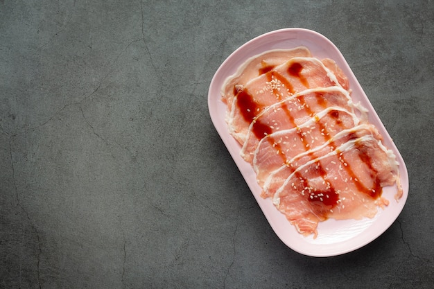 hot pot shabu;raw fresh sliced pork in plate
