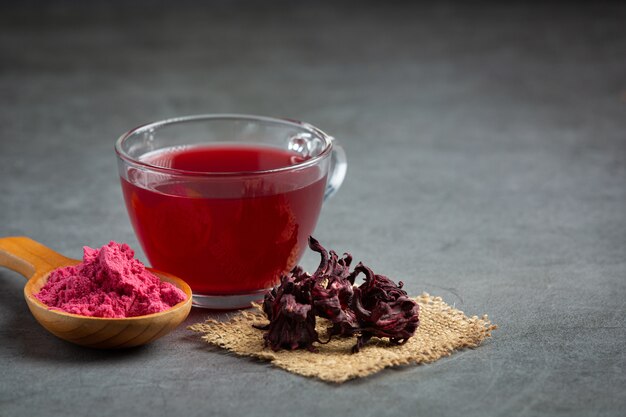 Hot rose tea on table