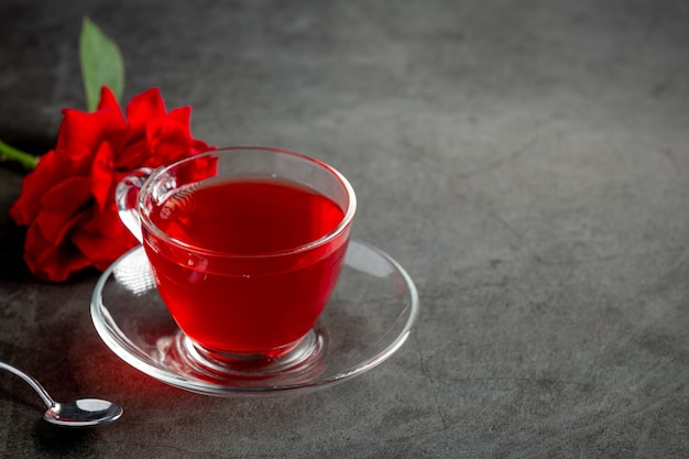 Hot rose tea on table