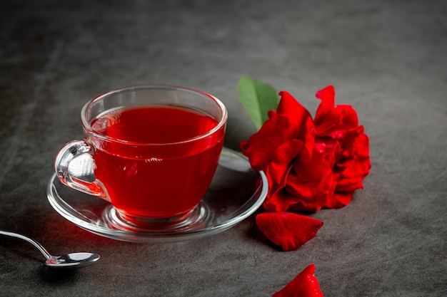 Hot rose tea on table
