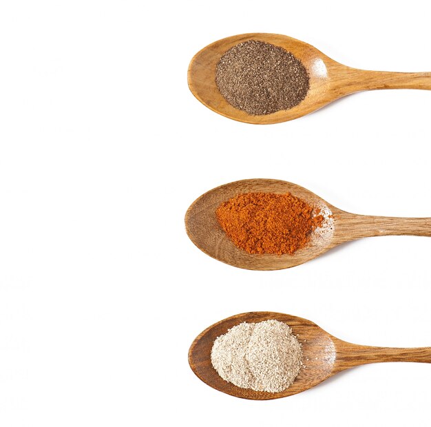  hot spices in wooden spoons