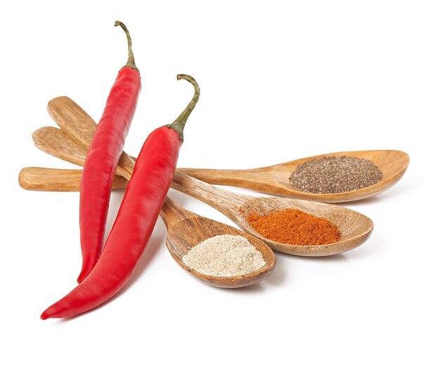  hot spices in wooden spoons