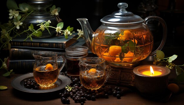 Hot tea on wooden table a cozy and refreshing drink generated by artificial intelligence