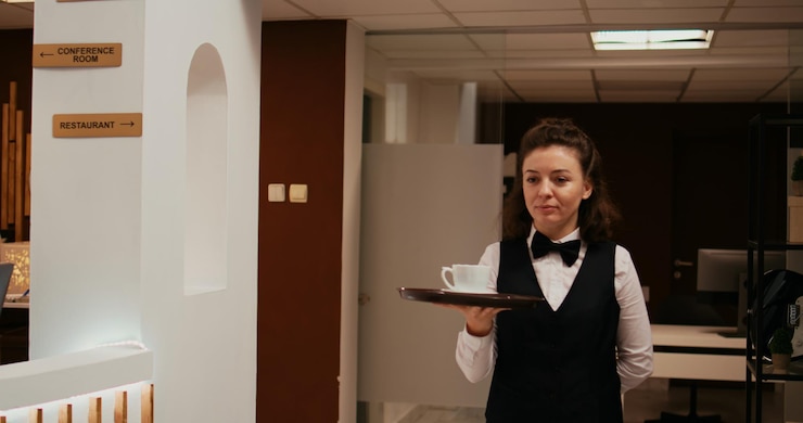 Free Photo hotel concierge serving coffee to client